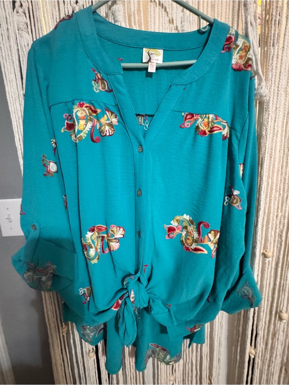 Teal Embroidered Tie-Front Women's Top